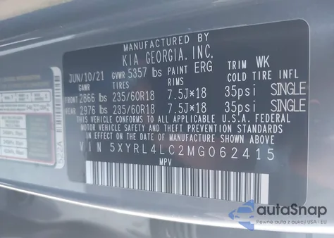 2021 Kia Sorento S из США, поврежденный, VIN 5XYRL4LC2MG062415